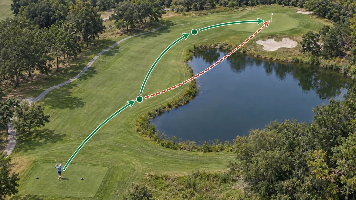 Par4の池とバンカーを避けて3打でグリーンに乗せる緑のルートと、危険を越えて狙う赤の破線を示した俯瞰図